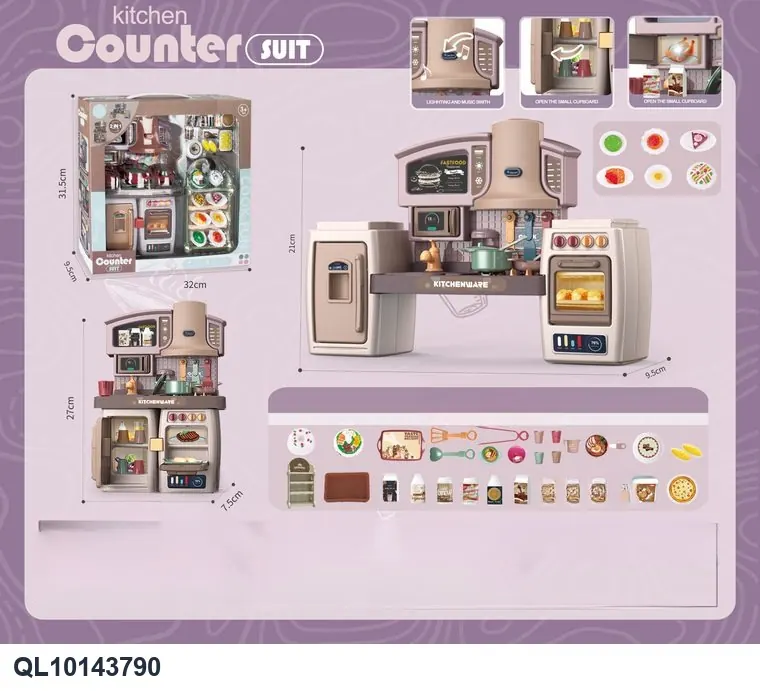 Detachable Play Kitchen Cabinet With Food Cupboard, Violet Purple, Light & Sound Window Box wholesale from Qili Toys