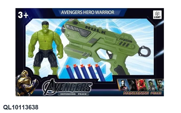 Green Giant Hero + Soft Bullet Gun (5 rounds) (with lighted head and movable hands and feet) Color Box wholesale from Qili Toys