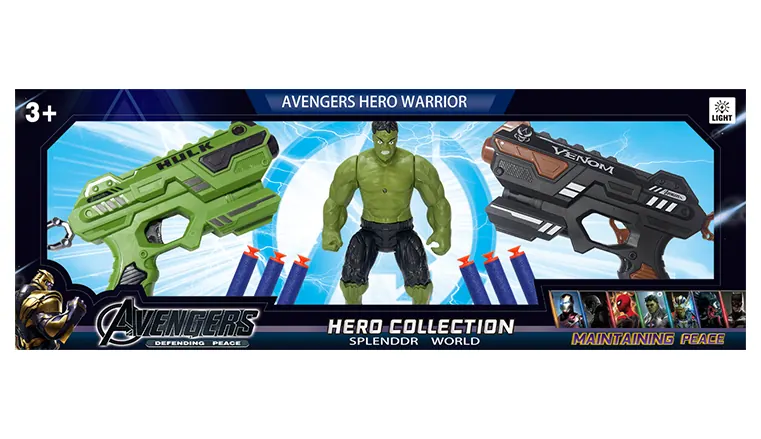 Hulk + Dual Soft Bullet Guns (6 rounds) (with lighted head and movable hands and feet) Color Box wholesale from Qili Toys