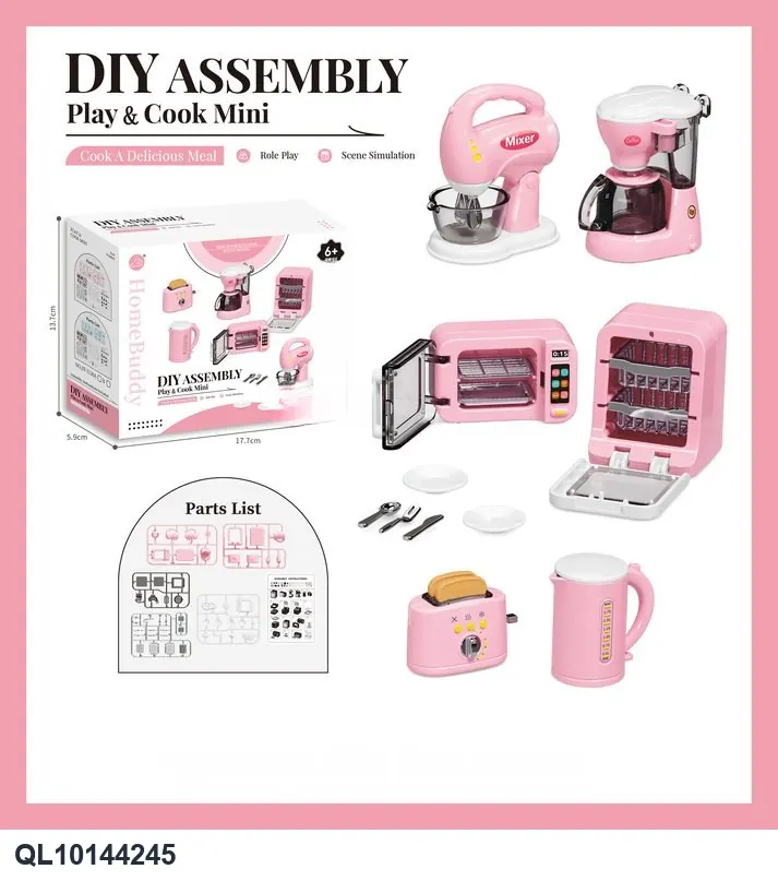 Pink Mini Home Appliances 6-Piece Playset (toaster, coffee maker, dish cabinet, kettle, oven, mixer) Sealed Box wholesale from Qili Toys
