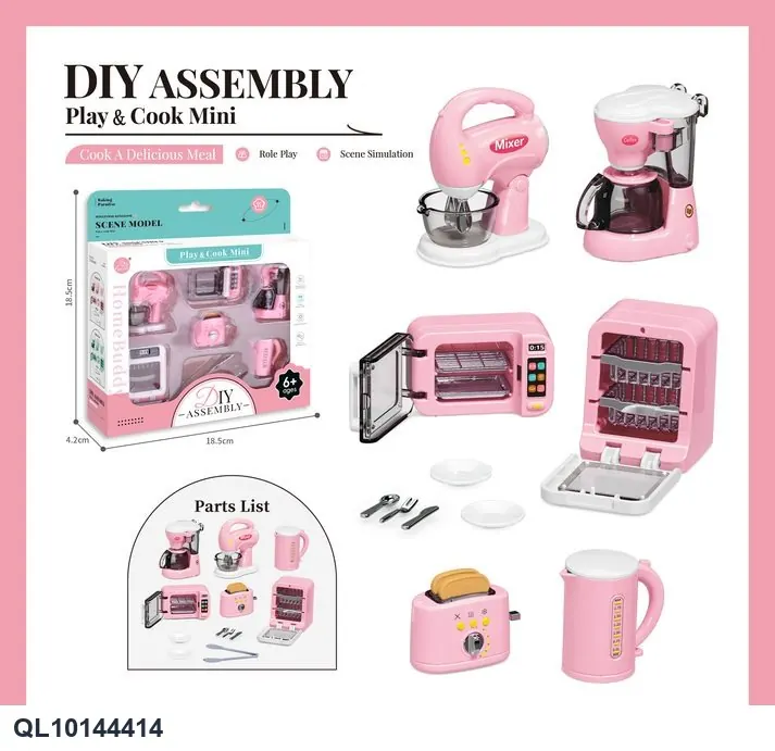 Pink Mini Home Appliances 6-Piece Playset (toaster, coffee maker, dish cabinet, kettle, oven, mixer) Window Box wholesale from Qili Toys
