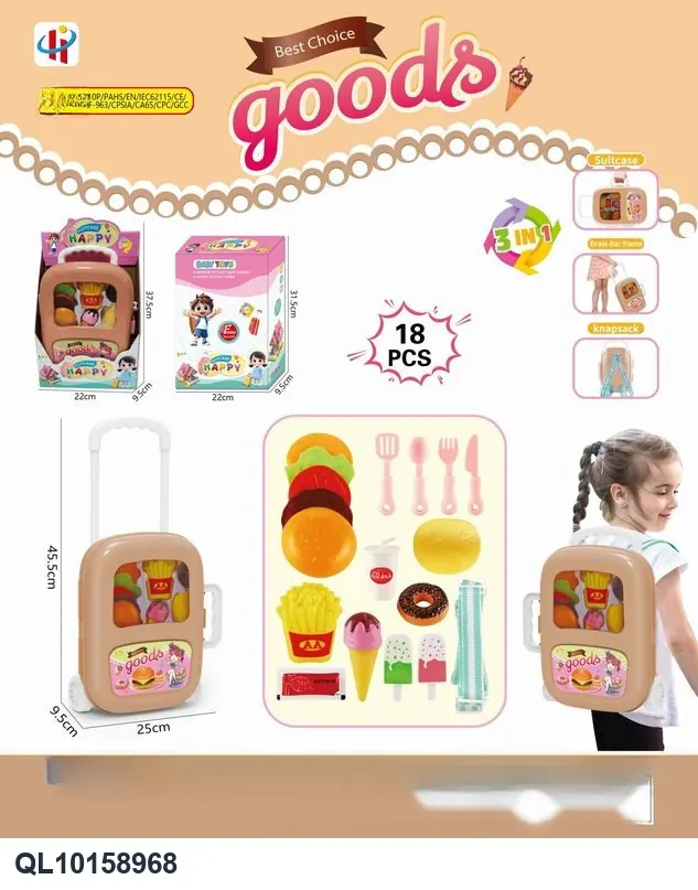 Toy Kitchen Set With Hamburger, Dessert, And Backpack; Three-In-One; Realistic Tableware; Realistic Food; Hamburger Set; CPC Display Box wholesale from Qili Toys