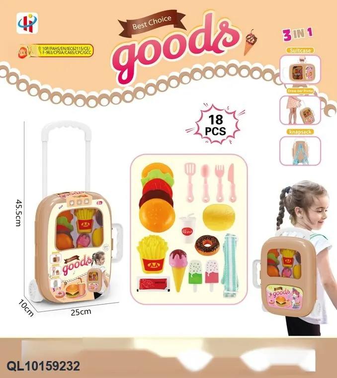 Toy Kitchen Set With Hamburger, Dessert, And Backpack; Three-In-One; Realistic Tableware; Realistic Food; Hamburger Set; CPC Wrap Card wholesale from Qili Toys