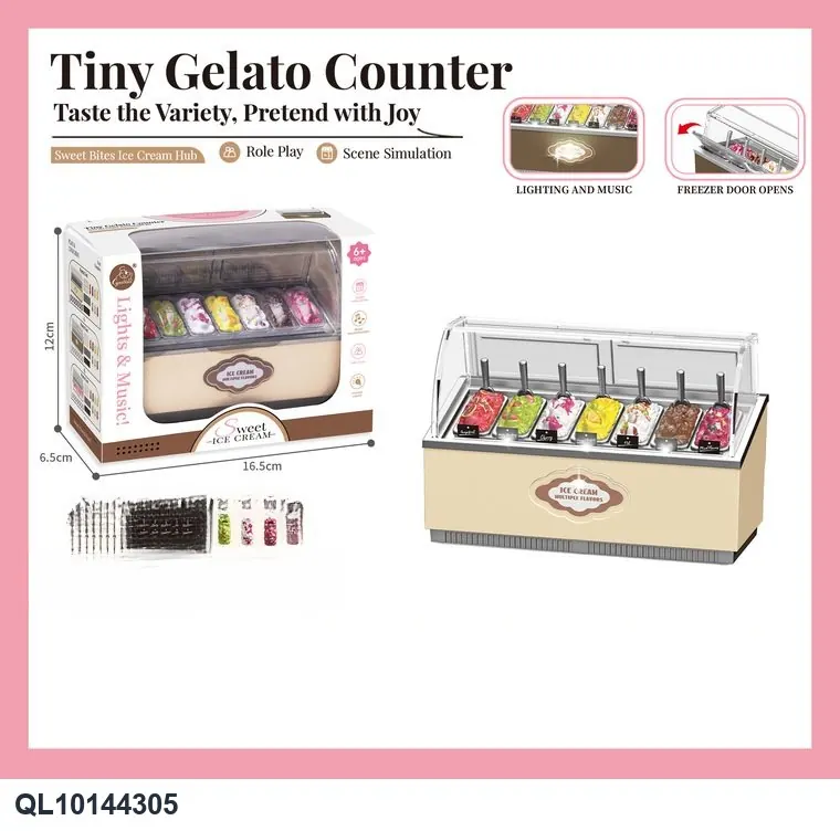 Apricot Ice Cream Display Freezer With Light & Music, Ice Cream, Silver Spoons And Gray Grid Trays Window Box wholesale from Qili Toys