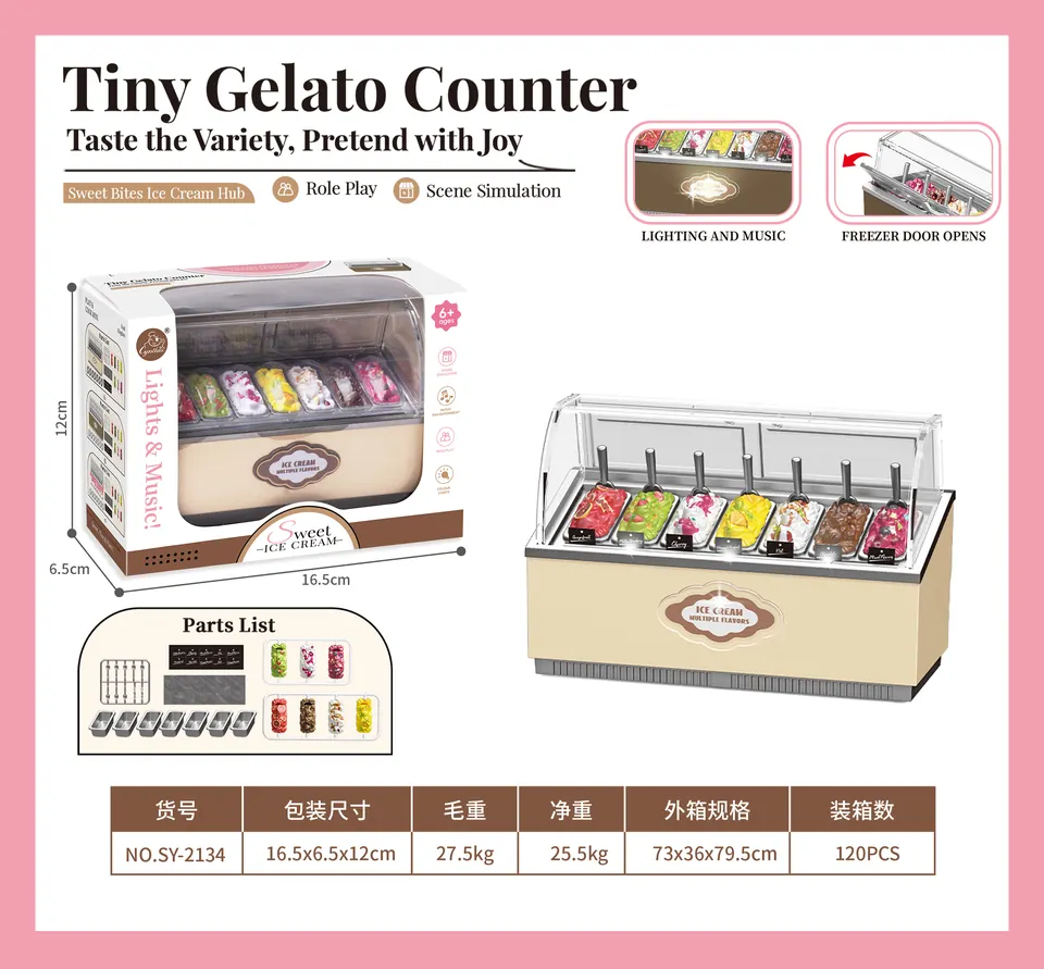 Apricot Ice Cream Display Freezer With Light & Music, Ice Cream, Silver Spoons And Gray Grid Trays Window Box wholesale from Qili Toys