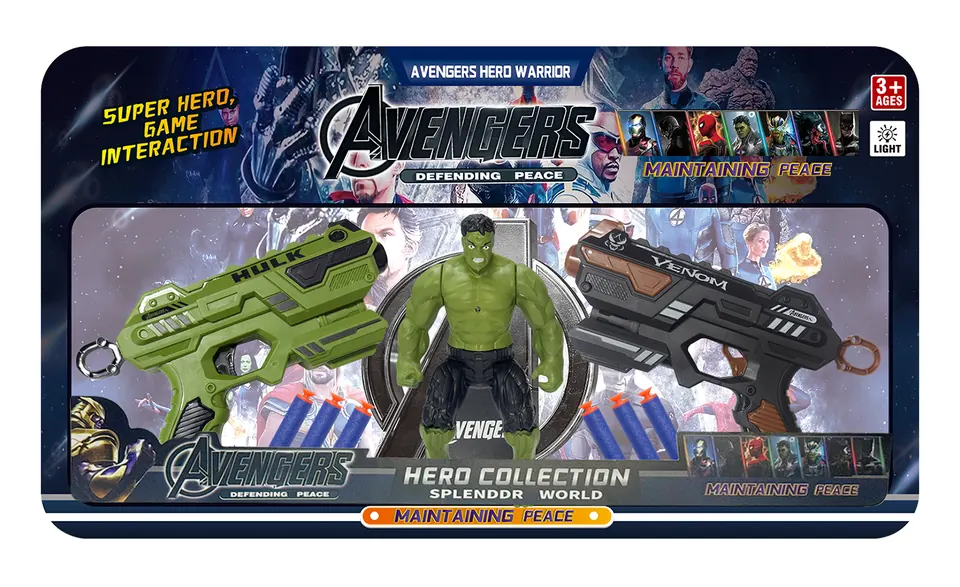 Hulk + Dual Soft Bullet Guns (6 rounds) (with lighted head and movable hands and feet, with chassis) Board Mounting wholesale from Qili Toys