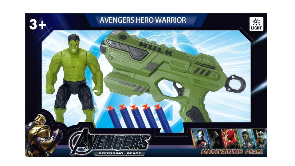 Hulk + Soft Bullet Gun (5 rounds) (with lighted head and movable hands and feet) Color Box wholesale from Qili Toys