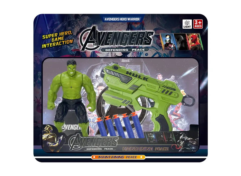 Hulk + Soft Bullet Gun (5 rounds) (with lighted head and movable hands and feet, with chassis) Board Mounting wholesale from Qili Toys