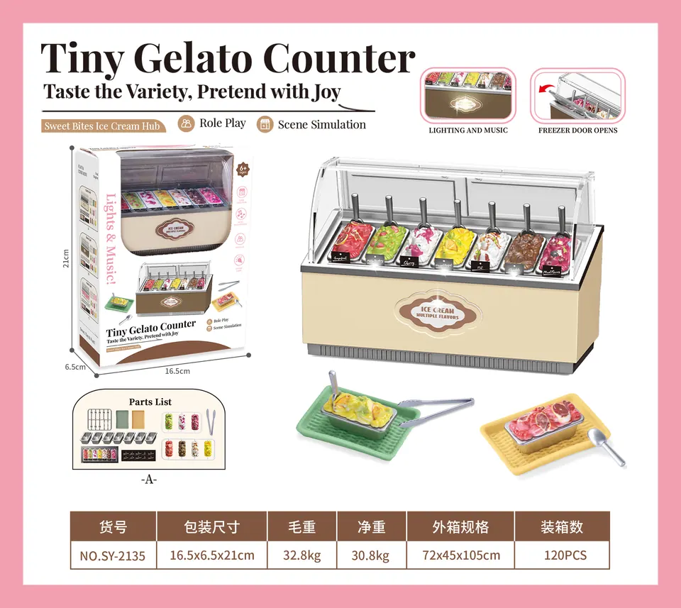 Ice Cream Display Freezer With Light & Music, Ice Cream Parts, Spoon Parts, Gray Grid Trays, Tongs And Plates Window Box wholesale from Qili Toys