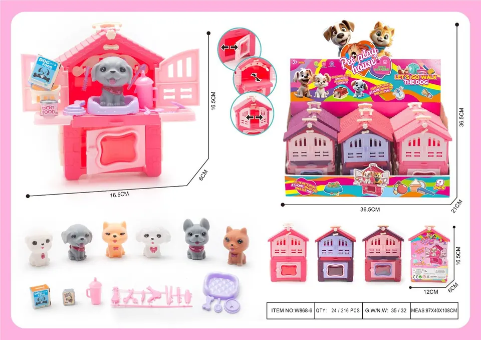 "Playtime Pet House With PVC Dog + Accessories (9 pieces per box). Miniature Pet Playhouse, Dog Toy. (price for a single set)" Display Box wholesale from Qili Toys