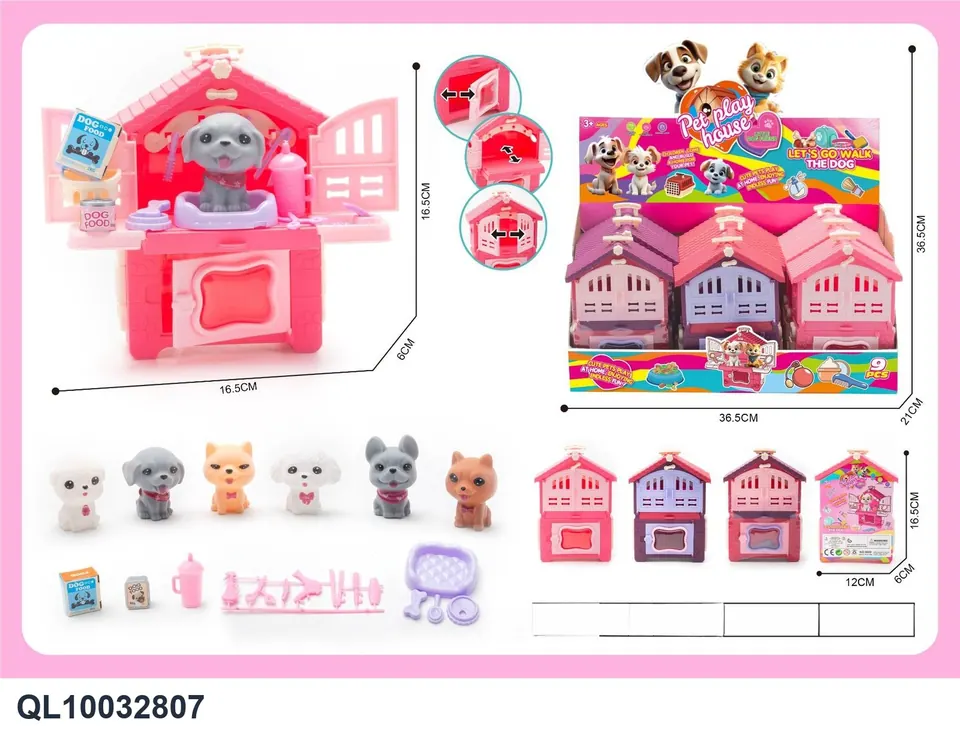 "Playtime Pet House With PVC Dog + Accessories (9 pieces per box). Miniature Pet Playhouse, Dog Toy." Display Box wholesale from Qili Toys