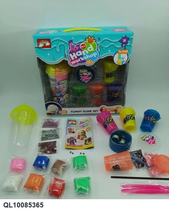 Premium Set: 80G (8 packs of clay, 3 packs of glitter, 4 pairs of googly eyes, 1 textbook), 3 Bottles Of Crystal Clay, 1 Bottle Of Shaking Clay (1 animal figure), 1 Bottle Of Sand Clay (4 small insect figures), 3 Tools, 1 Straw. In wholesale from Qili Toys