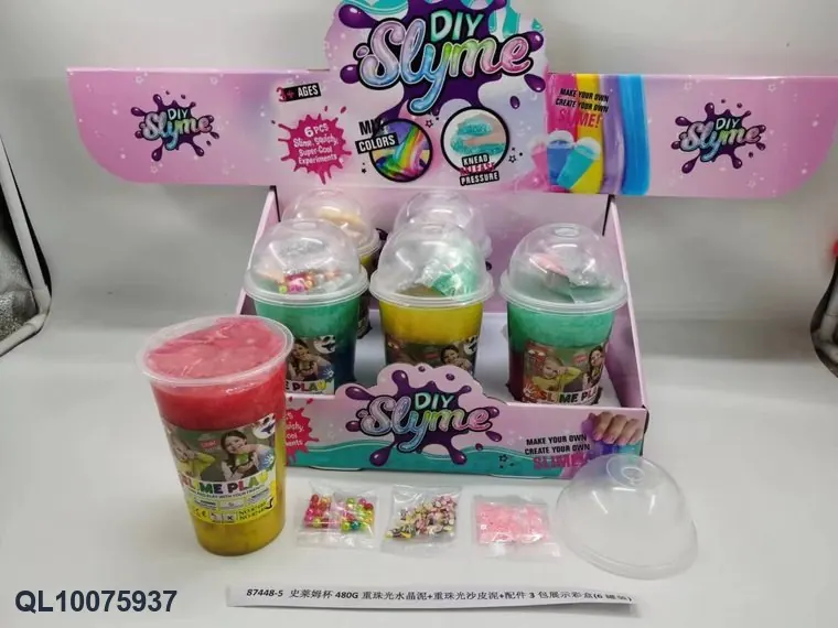 Slime Cup 480G - Heavy-Duty, Glossy Crystal Slime + Heavy-Duty, Glossy Sand Slime + 3 Packs Of Accessories (6 cans) Color Box wholesale from Qili Toys