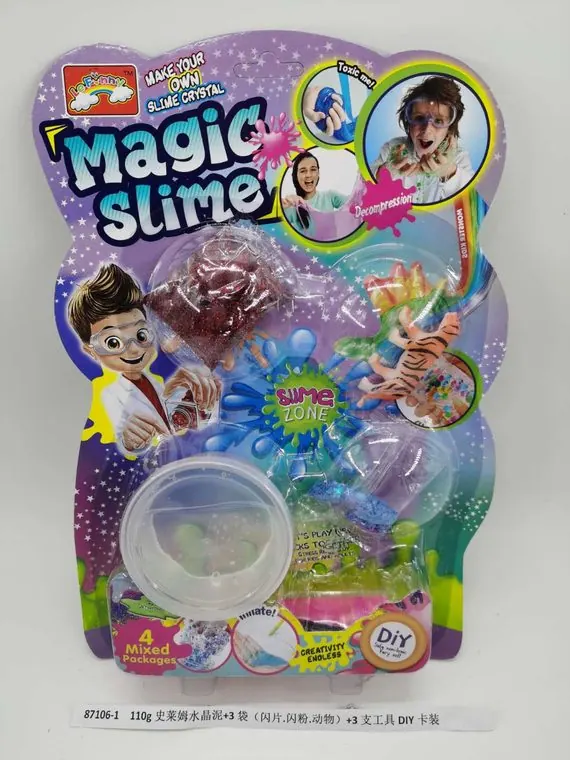 110G Slime, Plus 3 Packs (glitter, shimmer powder, and animal-themed items), And 3 DIY Tool Sets. Cardboard Packaging wholesale from Qili Toys