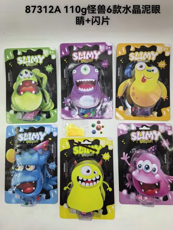 Slime, 110G, 6 Monster Designs (mixed), Transparent Slime With Crystal Eyes And Glitter Card Pack. Corrugated Cardboard wholesale from Qili Toys