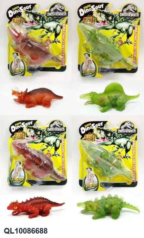 TPR Dinosaur Stretchable Toy (filled with crystal mud), Cardboard Display (4 different dinosaur models: iguanodon, stegosaurus, saber-toothed tiger, triceratops, in mixed colors and designs) Cardboard Packaging wholesale from Qili Toys