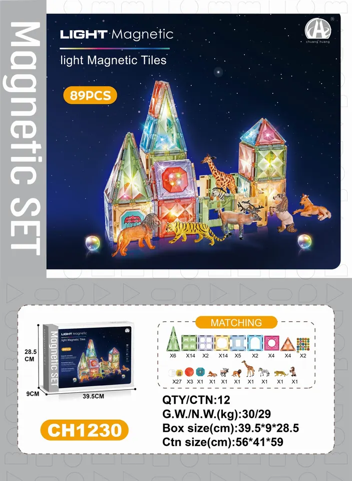 7.5Cm Diamond Magnetic Tiles - Animal Light-Up Theme, 89Pcs Sealed Box wholesale from Qili Toys