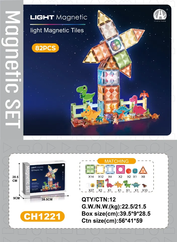 7.5Cm Diamond Magnetic Tiles - Dinosaur Light-Up Theme, 82Pcs Sealed Box wholesale from Qili Toys