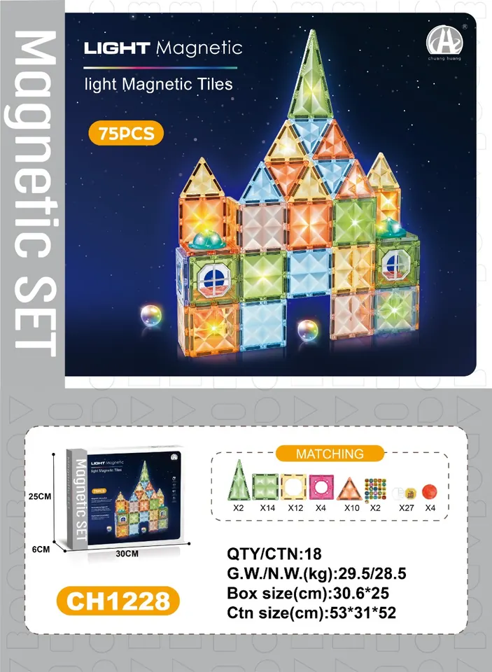 7.5Cm Diamond Magnetic Tiles - Light-Up Theme, 75Pcs Sealed Box wholesale from Qili Toys