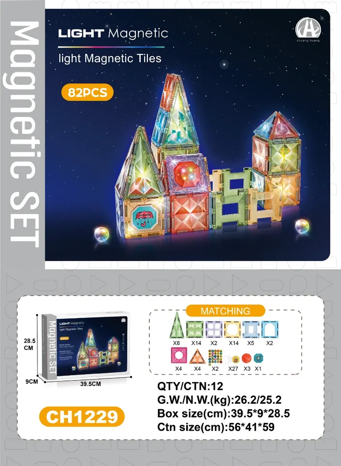 7.5Cm Diamond Magnetic Tiles - Light-Up Theme, 82Pcs Sealed Box wholesale from Qili Toys