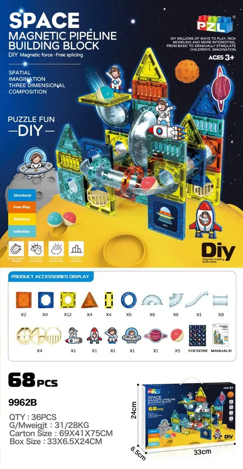 Astronaut Magnetic Pipe Building Blocks (68pcs) Color Box wholesale from Qili Toys