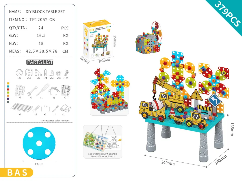 DIY Assembled Screw Building Block Table Set About 379Pcs/Engineering Theme/Classic Color/Basic Version (diy assembled building block puzzle toy assembled building block particle building block table with inserted building block pieces) Portable Box wholesale from Qili Toys