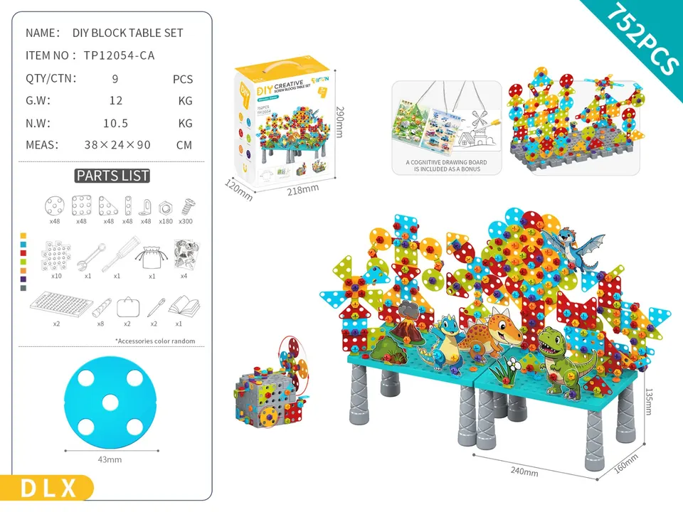 DIY Assembled Screw Building Block Table Set About 752Pcs/Dinosaur Theme/Classic Color/Luxury Version (diy assembled building block puzzle toy assembled building block particle building block table with inserted building block pieces) Portable Box wholesale from Qili Toys
