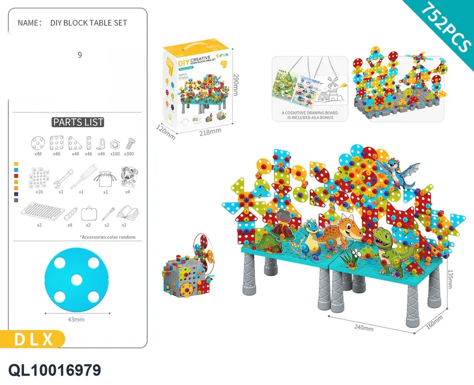 DIY Assembled Screw Building Block Table Set About 752Pcs/Dinosaur Theme/Classic Color/Luxury Version (diy assembled building block puzzle toy assembled building block particle building block table with inserted building block pieces) Portable Box wholesale from Qili Toys