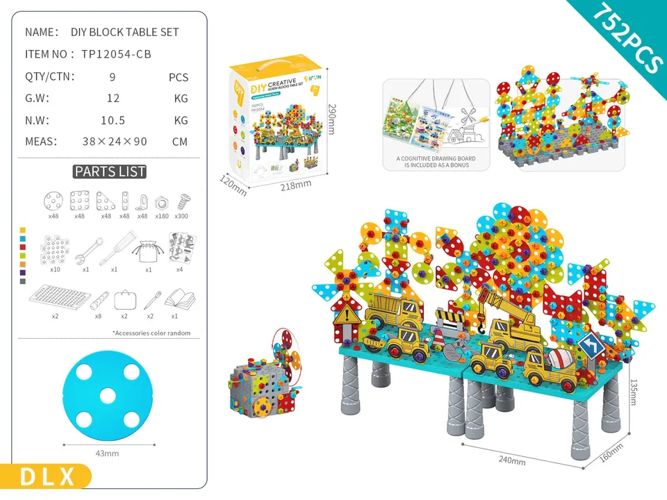 DIY Assembled Screw Building Block Table Set About 752Pcs/Engineering Theme/Classic Color/Luxury Version (diy assembled building block puzzle toy assembled building block particle building block table with inserted building block pieces) Portable Box wholesale from Qili Toys