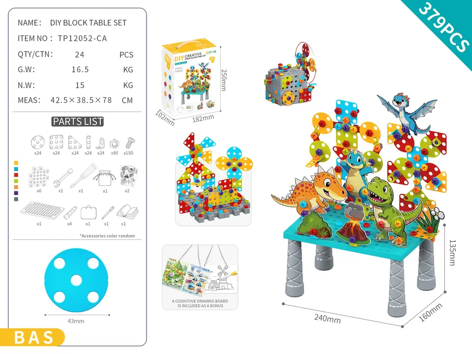 DIY Assembled Screw Building Block Table Set Is About 379Pcs/Dinosaur Theme/Classic Color/Basic Version (diy assembled building block puzzle toy assembled building block particle building block table with inserted building block pieces) Portable Box wholesale from Qili Toys