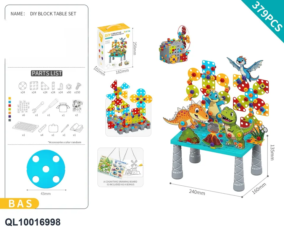 DIY Assembled Screw Building Block Table Set Is About 379Pcs/Dinosaur Theme/Classic Color/Basic Version (diy assembled building block puzzle toy assembled building block particle building block table with inserted building block pieces) Portable Box wholesale from Qili Toys