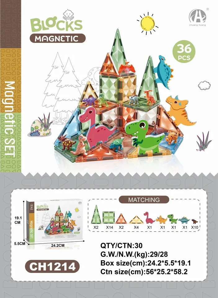 Diamond 7.5Cm Magnetic Tiles - Dinosaur Theme, 36Pcs Sealed Box wholesale from Qili Toys