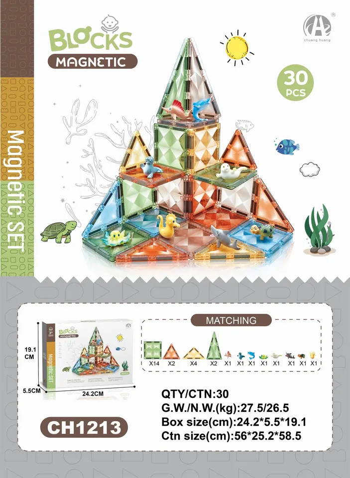 Diamond 7.5Cm Magnetic Tiles - Ocean Theme, 30Pcs Sealed Box wholesale from Qili Toys