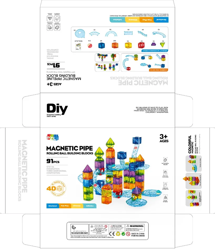 Drill Surface Magnetic Square Pipe Building Blocks (91 pcs) Color Box wholesale from Qili Toys