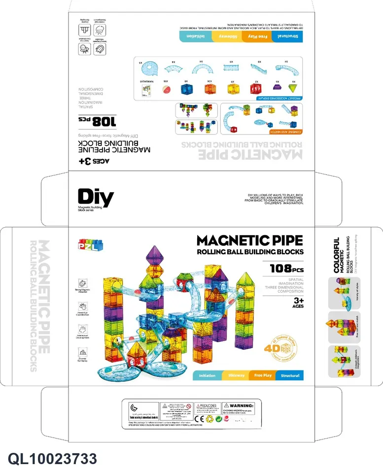 Drill Surface Magnetic Square Pipe Building Blocks (108 pcs) Color Box wholesale from Qili Toys