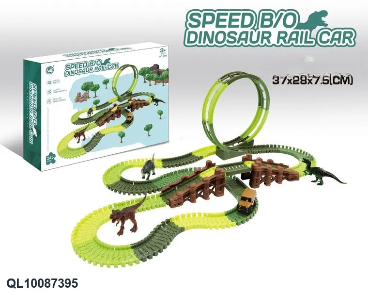 Fast-Speed Electric Dinosaur Track Car (without flashing lights, 245 pieces, requires 2 aaa batteries - not included). Color Box wholesale from Qili Toys
