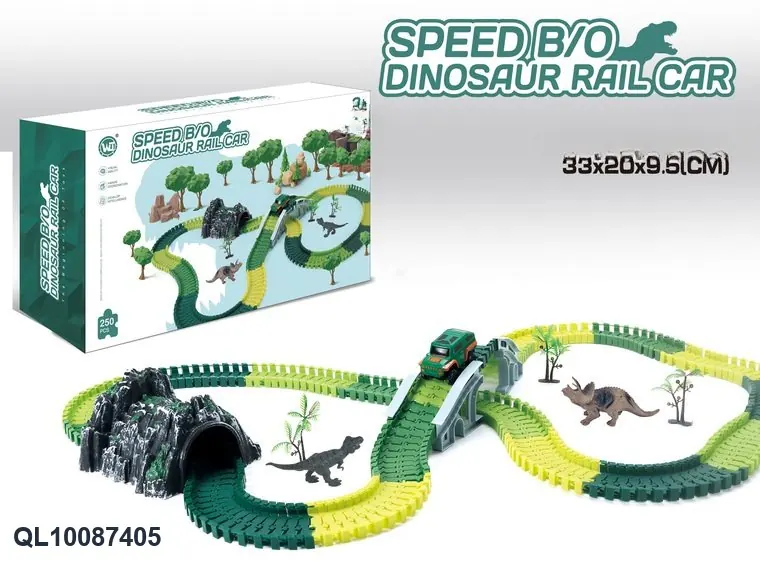 Fast-Speed Electric Dinosaur Track Car (without flashing lights, 250 pieces, requires 1 aa battery - not included). Color Box wholesale from Qili Toys