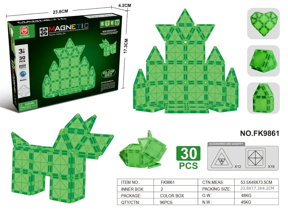 Glow-in-the-Dark Magnetic Tiles Building Set (30 pcs) Color Box wholesale from Qili Toys