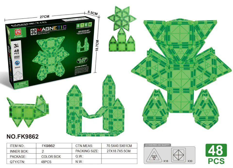 Glow-in-the-Dark Magnetic Tiles Building Set (48 pcs) Color Box wholesale from Qili Toys