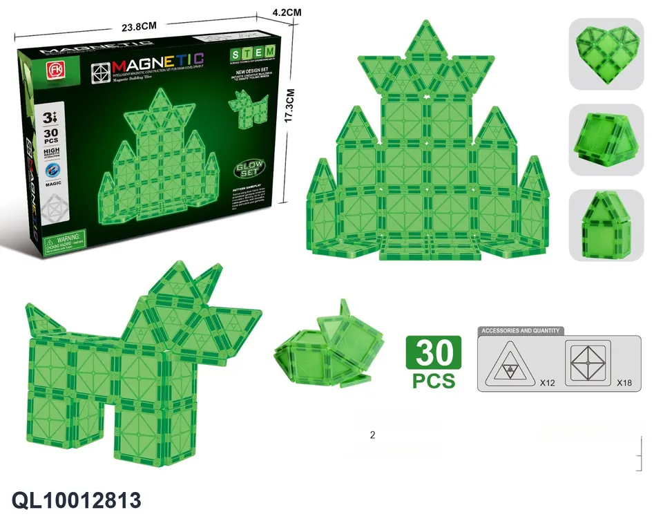 Glow-in-the-Dark Magnetic Tiles Building Set (30 pcs) Color Box wholesale from Qili Toys