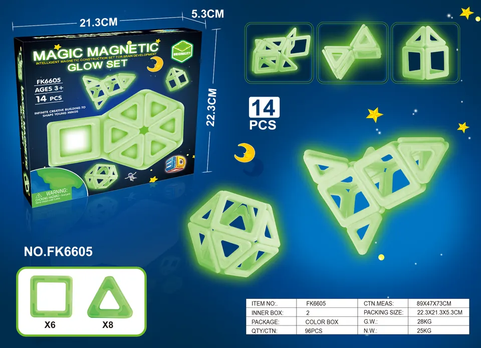 Glow-in-the-Dark Magnetic Tiles Building Set (14 pcs) Color Box wholesale from Qili Toys