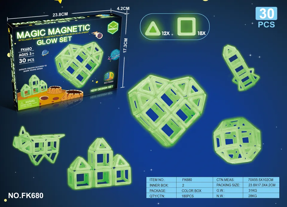Glow-in-the-Dark Magnetic Tiles Building Set (30 pcs) Color Box wholesale from Qili Toys