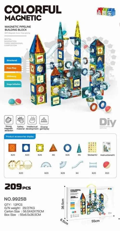 Magnetic Pipe Building Blocks (209pcs) Color Box wholesale from Qili Toys