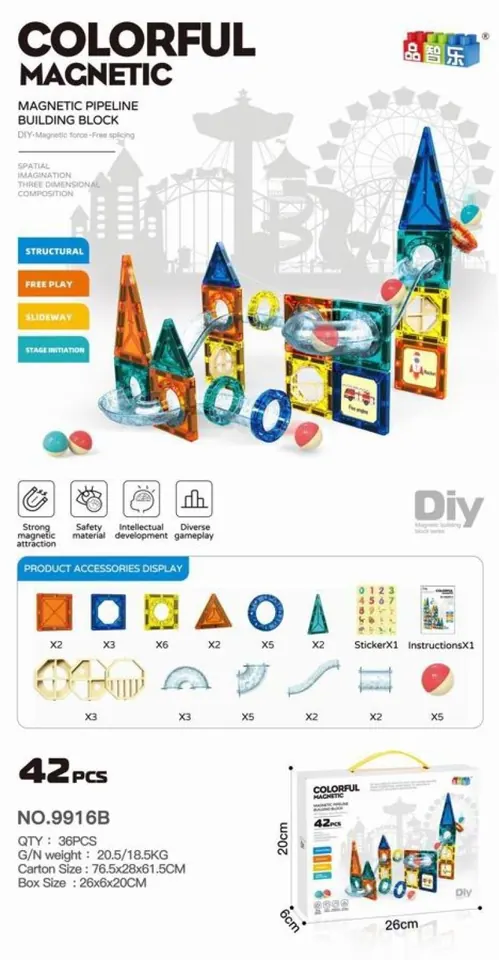 Magnetic Pipe Building Blocks (42pcs) Color Box wholesale from Qili Toys