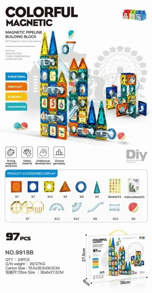 Magnetic Pipe Building Blocks (97pcs) Color Box wholesale from Qili Toys