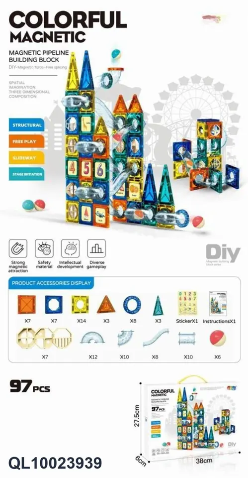 Magnetic Pipe Building Blocks (97pcs) Color Box wholesale from Qili Toys