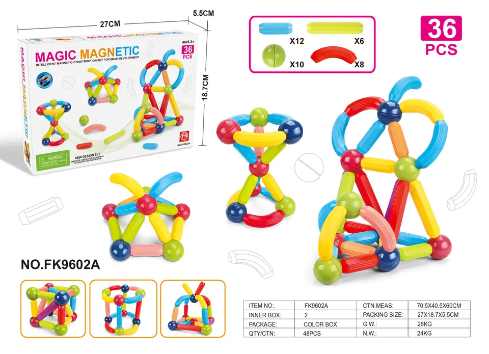 Magnetic Rod Building Set (36 pcs) Color Box wholesale from Qili Toys