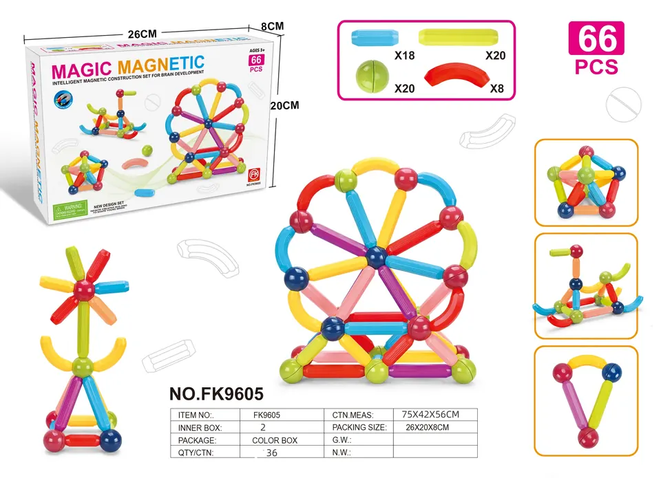 Magnetic Rod Building Set (66 pcs) Color Box wholesale from Qili Toys