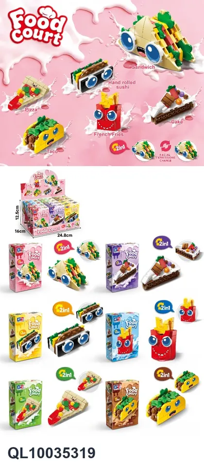 Puzzle And Healing Gourmet Building Blocks That Can Change The Face Q Cute Sandwich/Cake/Hand Roll/French Fries/Pizza/Burrito (30-43pcs) 6 Types Mixed Display Box wholesale from Qili Toys