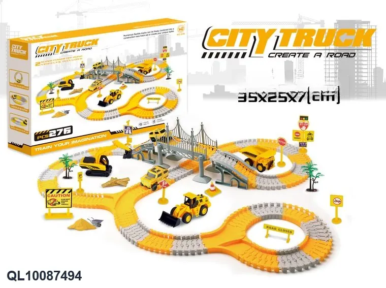 Rapid Electric Construction Track Car (without flashing lights, 276 pieces, includes 2 construction vehicles, requires 4 aa batteries - not included) Color Box wholesale from Qili Toys